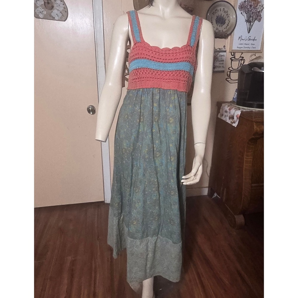 Sundance Crochet Bodice Floral Midi‎ Dress Womens Medium Coral Teal Boho
